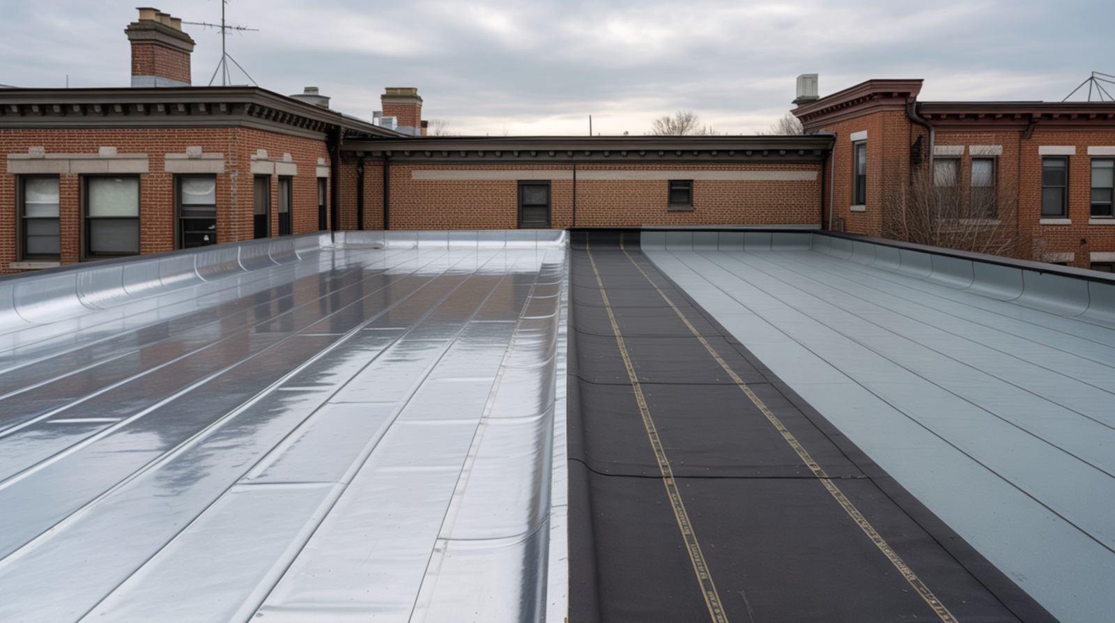 TPO – white, reflective membrane, clean surface, visible heat-welded seams EPDM – black rubber membrane, matte texture, subtle seam tape lines PVC – light-colored membrane with crisp welded seams, slightly smoother finish Each section should look accurate, realistic, and professionally installed, with natural transitions between materials. No labels or text on the image.